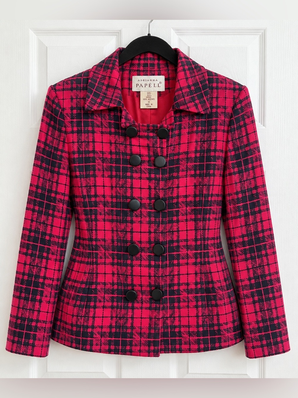 Adrianna Papell Pink Black Plaid Double Breasted Blazer Size 10 Silk